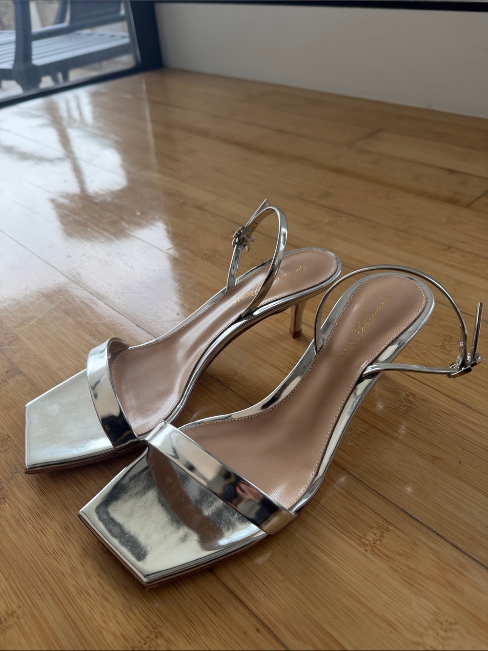 Gianvito Rossi Silver Metallic Slingback Square-Toe Heels